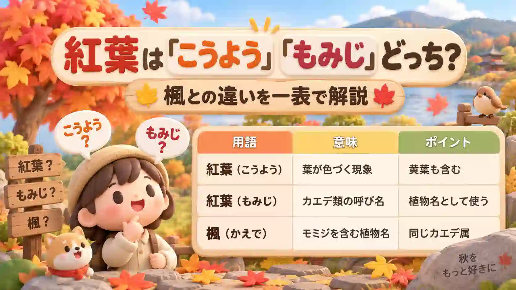 赤や黄色に色づいた葉と紅葉・もみじ・楓の違いを示すタイトル